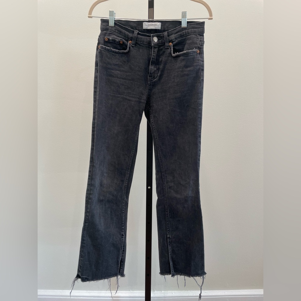 Zara Washed Black Denim Bootcut Jeans with Inner Ankle Slit